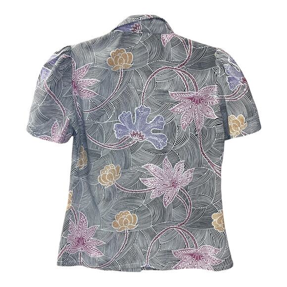 Vintage 70s Fritzi Black Floral Blouse | Short Sleeve Button-Up | Women’s XS–S - Picture 2 of 8